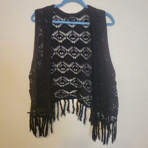 Torrid Black Crochet Fringe Vest Size 1 Boho Festival Open Front